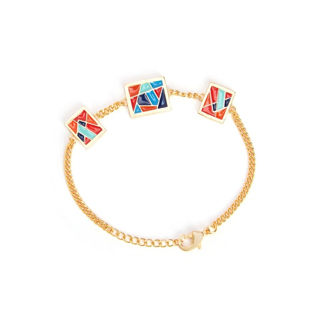 enamel bracelet, hand painted  bracelet, gold chain bracelet