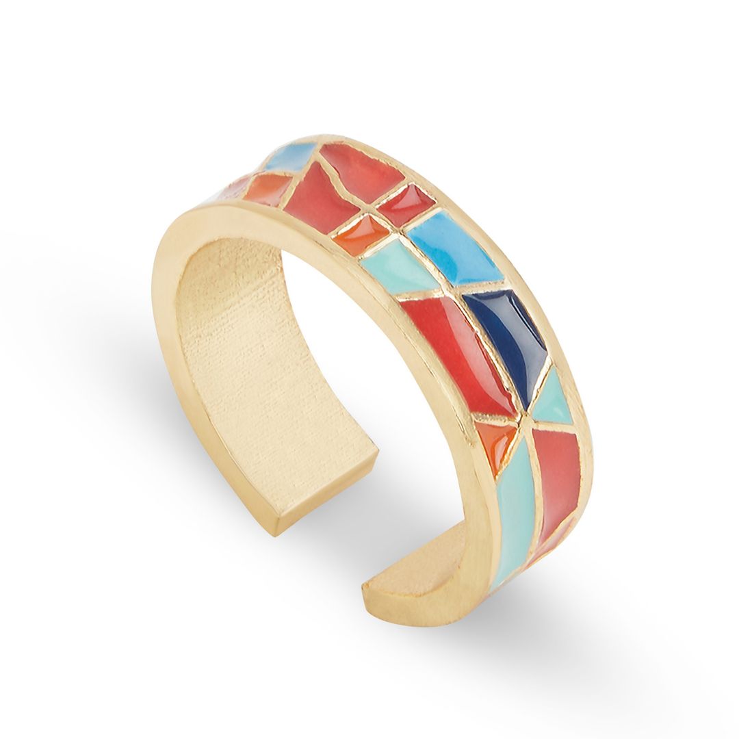 enamel ring, wedge ring, hand painted ring, red and blue ring