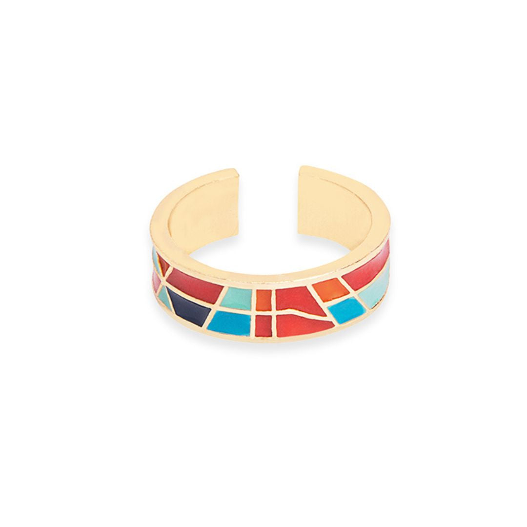 enamel ring, wedge ring, hand painted ring, red and blue ring, gold colorful hoops, gold red and blue hoops, everyday wear