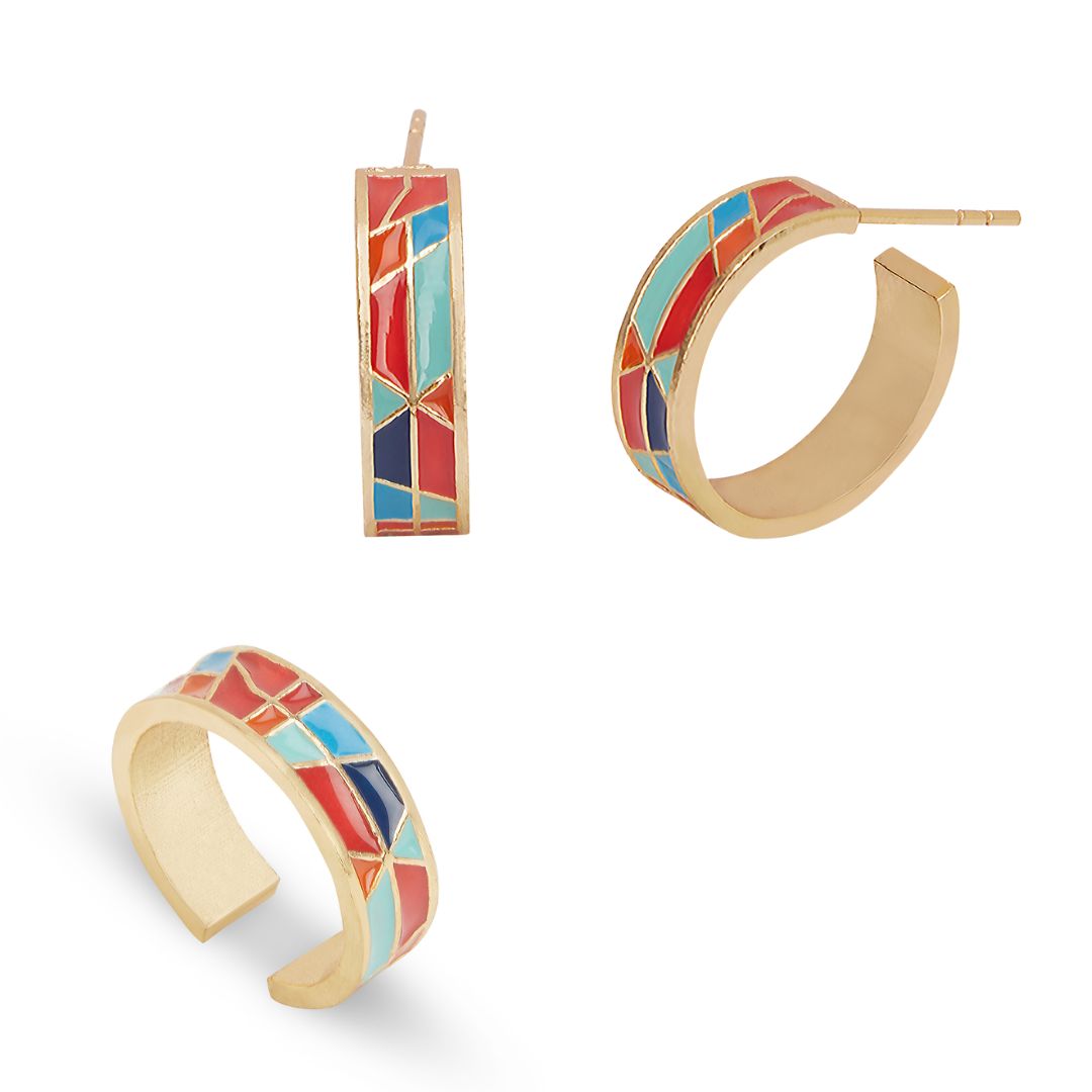 enamel ring, wedge ring, hand painted ring, red and blue ring, gold colorful hoops, gold red and blue hoops, everyday wear