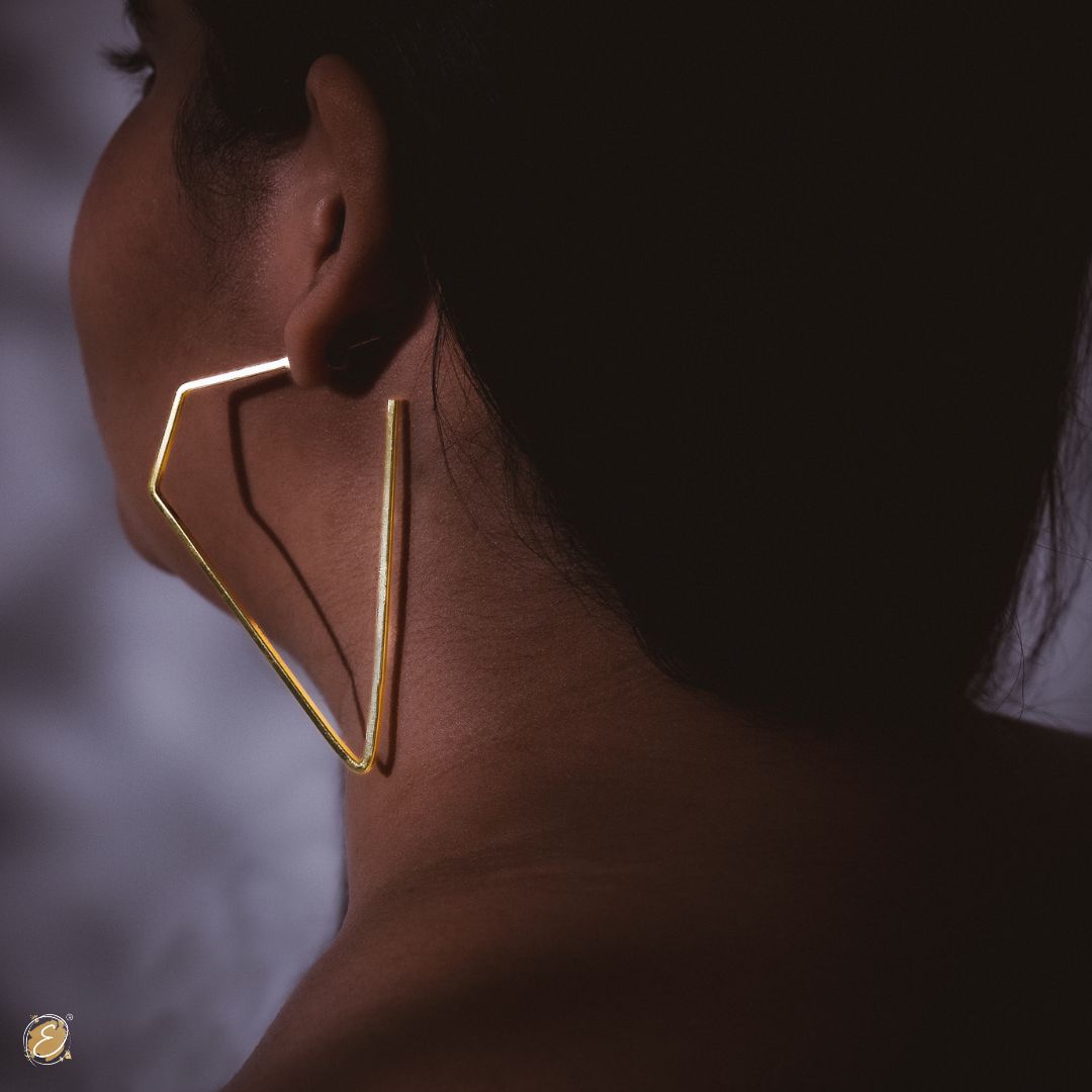 Geometric diamond-shaped gold plated hoop earring – Prism by The Ethereal Store, handcrafted in sculpted brass with 18k gold finish”