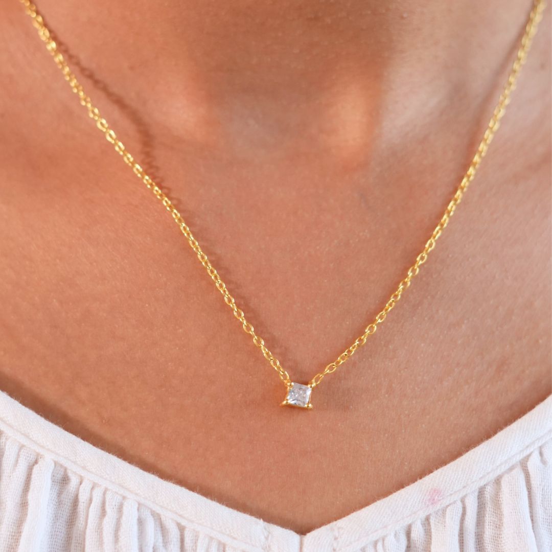Solitaire Square Dainty Necklace