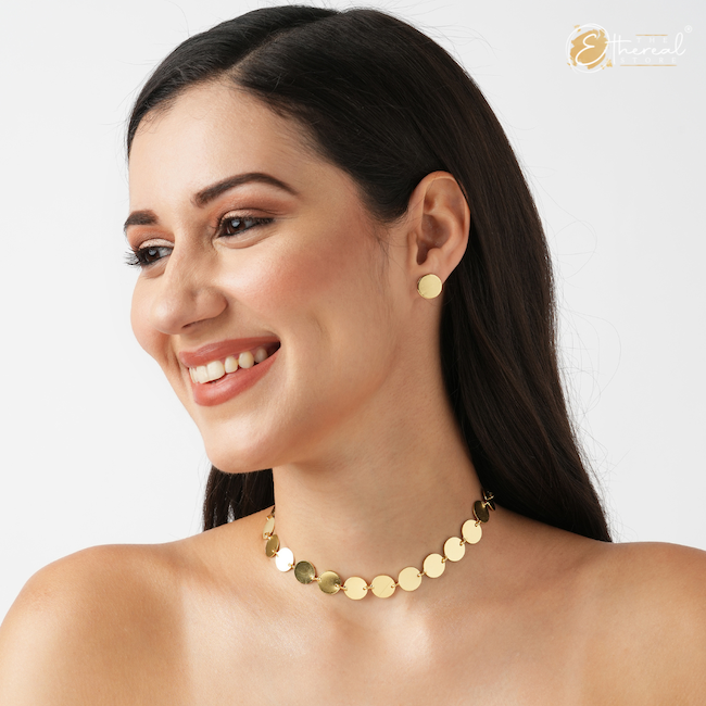 gold coin shaped necklace and earring set