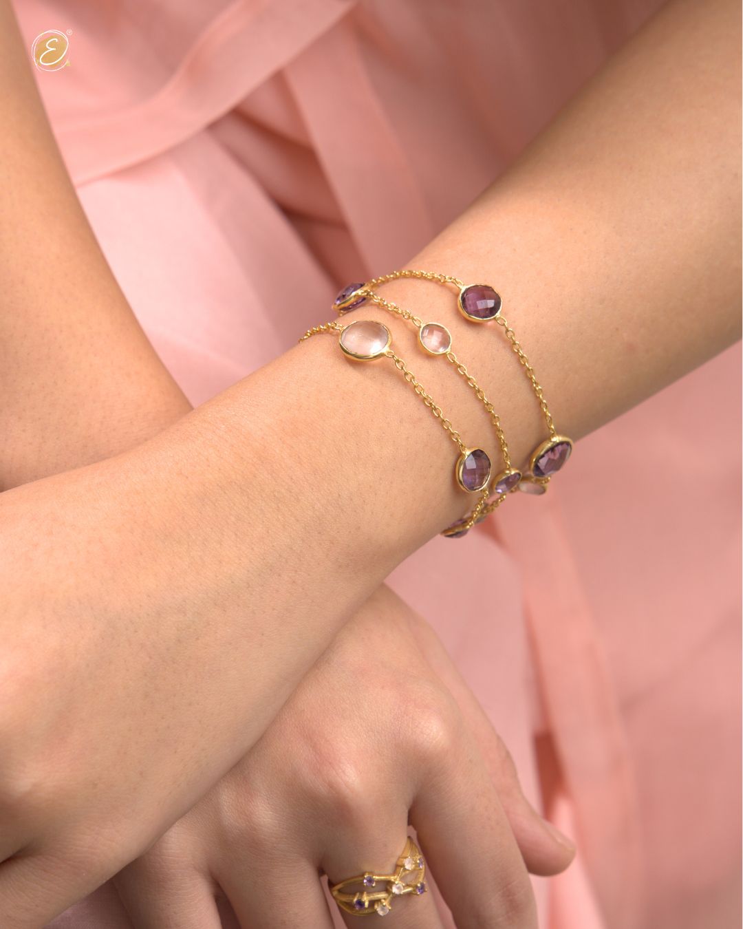 Gold Jiya Garden Glow Bracelet with rose quartz and amethyst stones from The Ethereal Store’s Baagh collection.