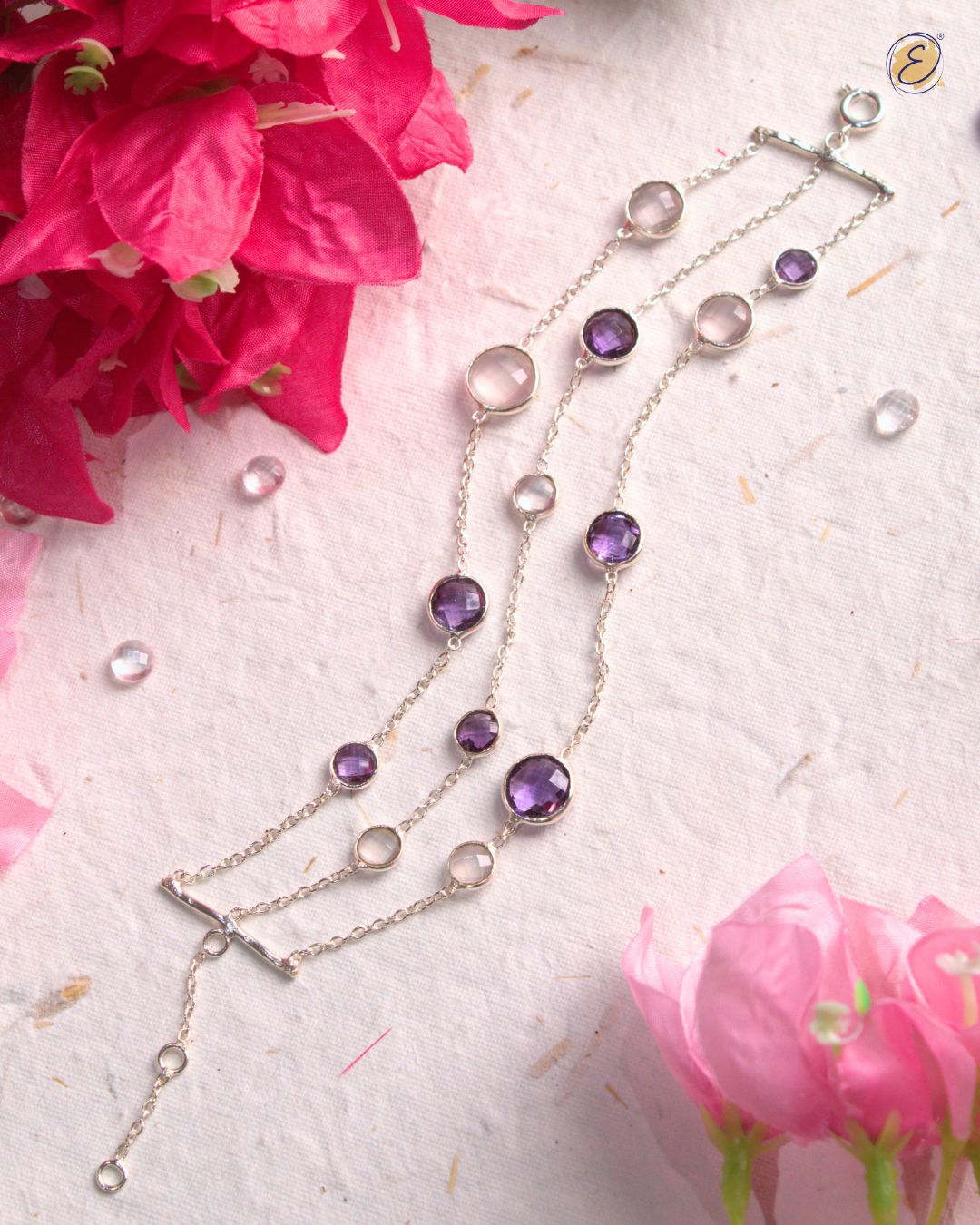 Silver Jiya Whispers of Jaipur Bracelet with rose quartz and amethyst stones from The Ethereal Store’s Baagh collection.