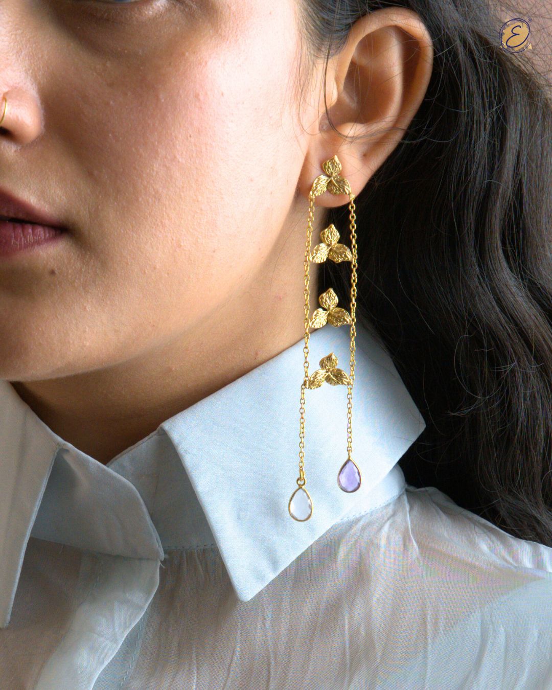 Vanya Danglers – High-low bougainvillea earrings with rose quartz and amethyst drops, handcrafted and gold-plated
