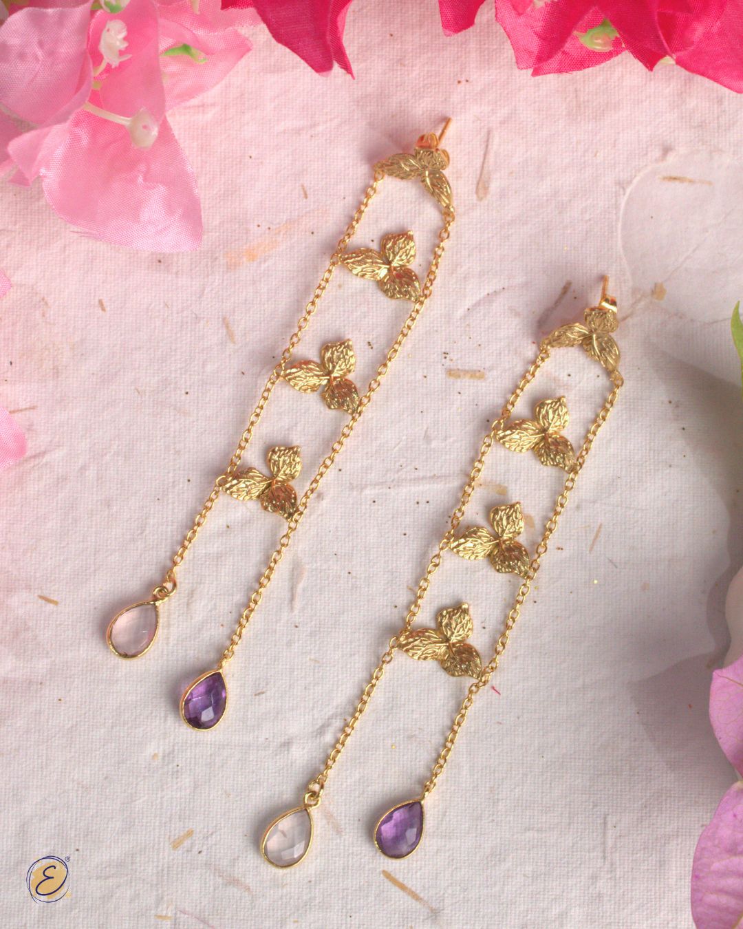 Vanya Danglers – High-low bougainvillea earrings with rose quartz and amethyst drops, handcrafted and gold-plated