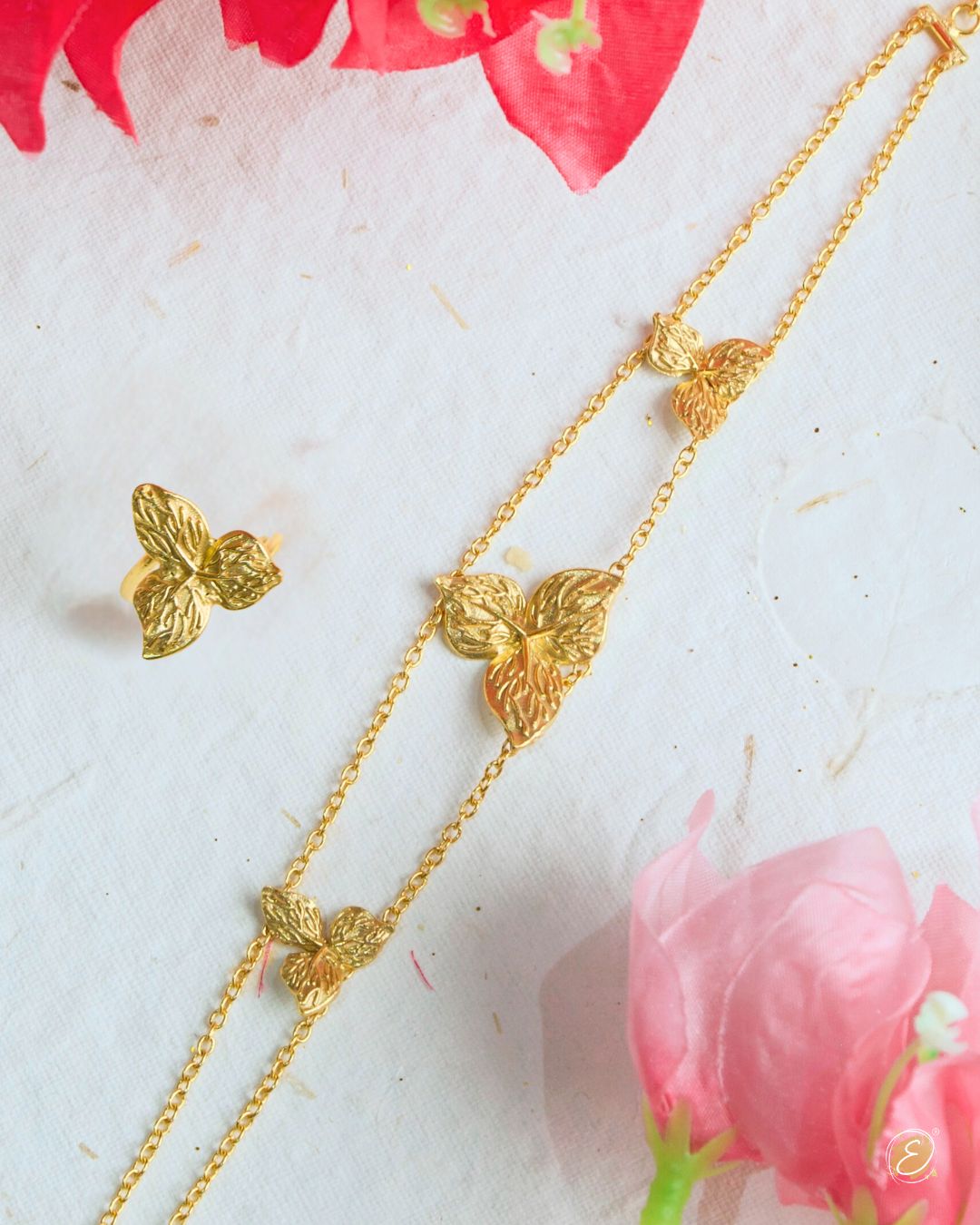 bougainvillea bracelet and ring gold plated gift set