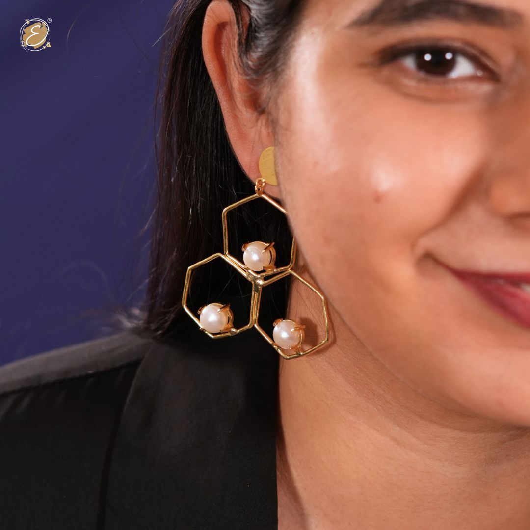 Honeycomb Danglers - Pearl: Discover exquisite elegance with these pearl-adorned earrings.