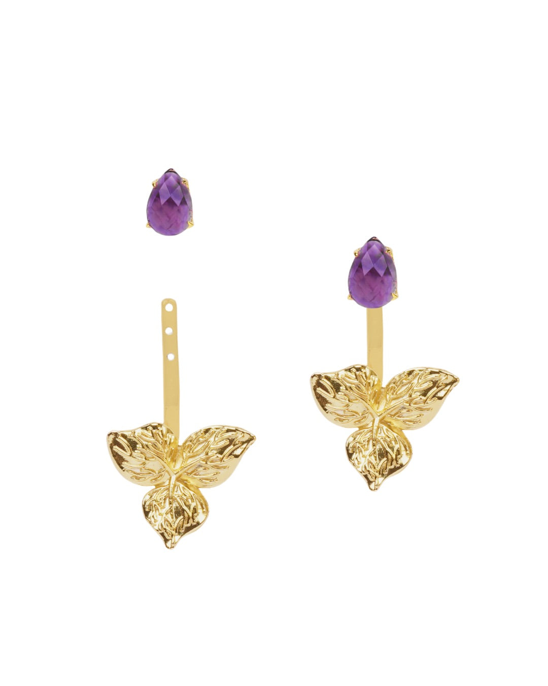 Gold-plated amethyst stud earrings with detachable bougainvillea sidekick charm for festive and versatile wear.