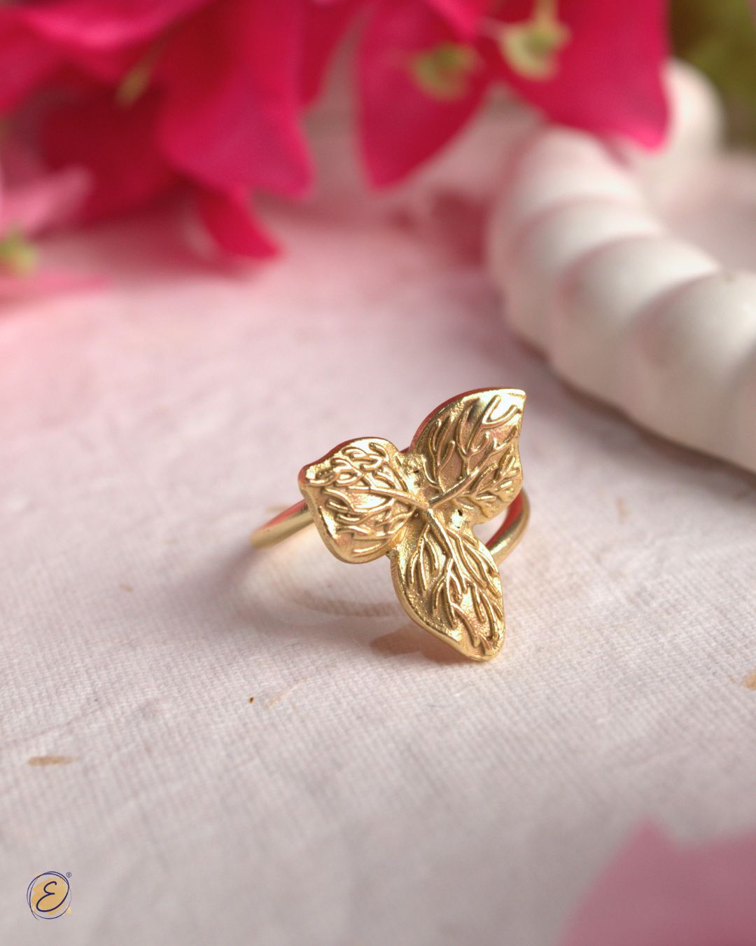 Gold-plated Zoya Flower Ring featuring a 22mm bougainvillea on a branch-style adjustable band.
