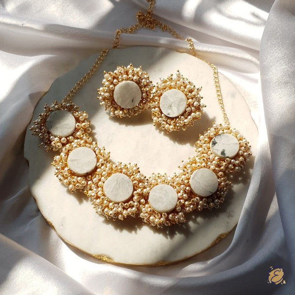 pearl druzy stone necklace set